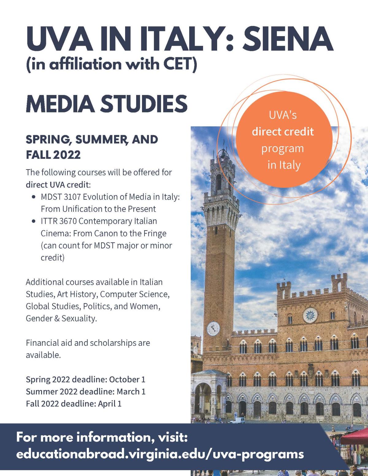 UVa in Italy: Siena Media Studies Courses 2022